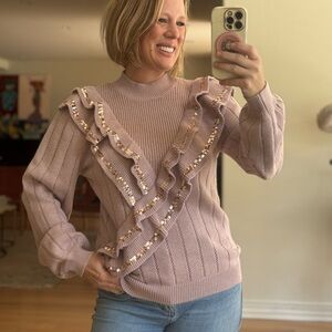 NWT Fate Size Medium Women's Ruffled Sweater Mauve Pink Purplish Top Sequin LUV